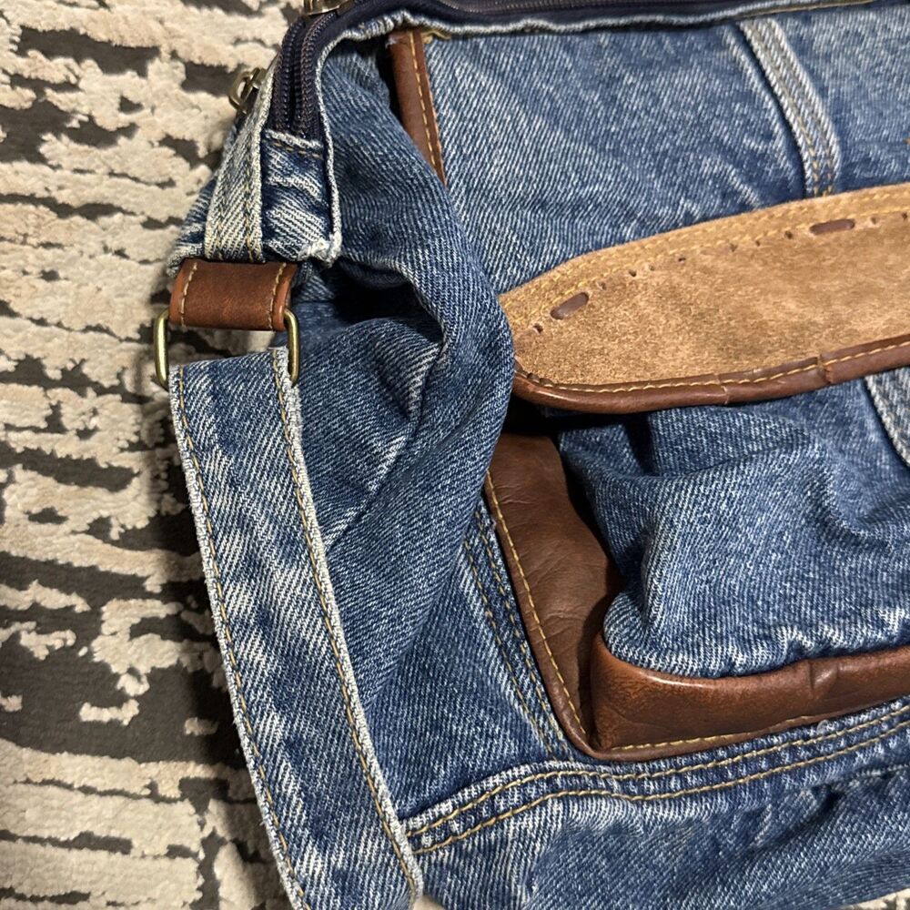 Denim Jean Shoulder Hobo Bag Purse Jean Pockets Leather Y2K Vintage Retro Hippie - Picture 11 of 16